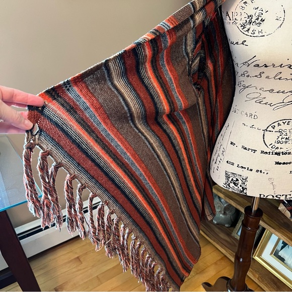 Boho Wrap Blanket Cardigan Tassel Hem Shawl Knit Sweater Rust Orange Brown Small - Picture 7 of 10